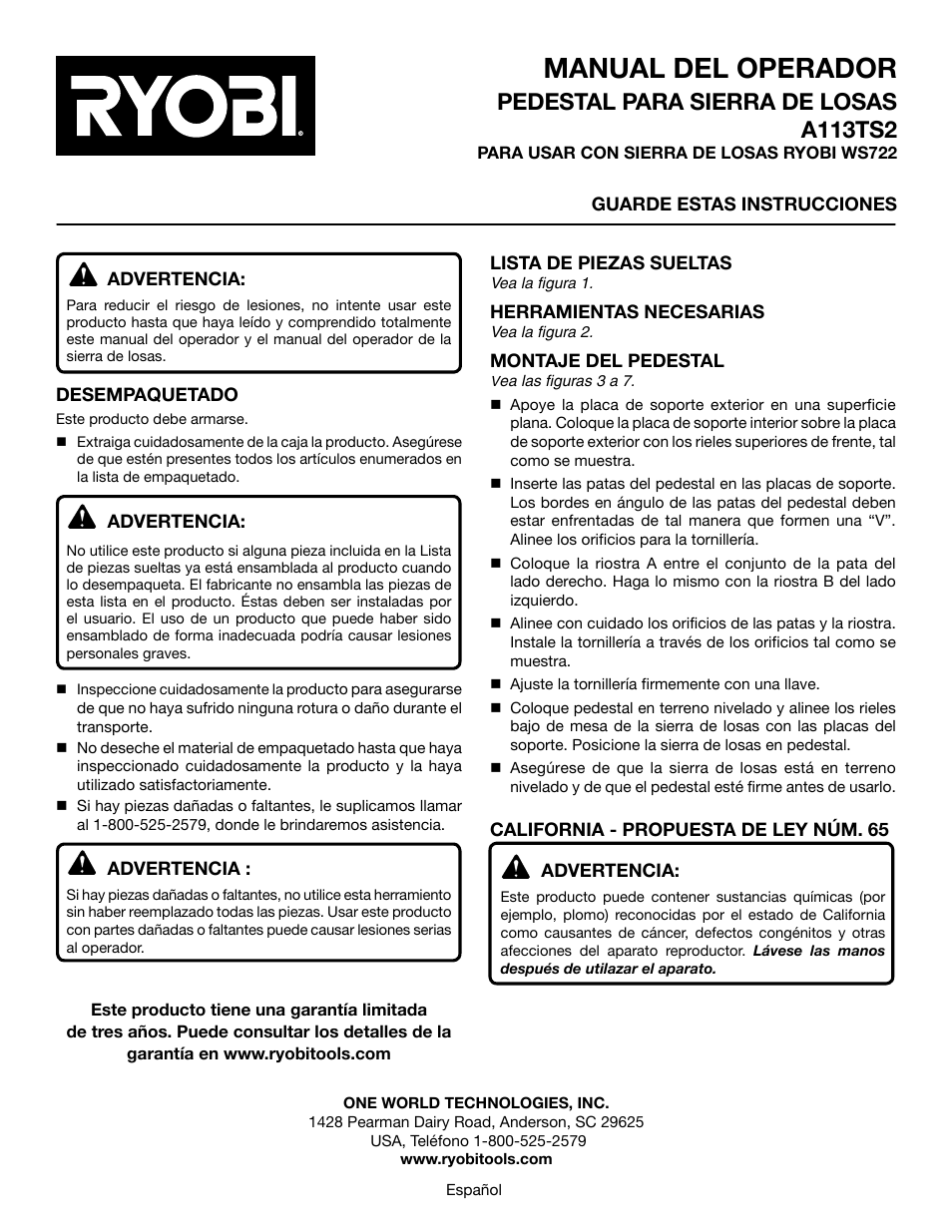 Manual del operador, Pedestal para sierra de losas a113ts2 | Ryobi A113TS2 User Manual | Page 3 / 4