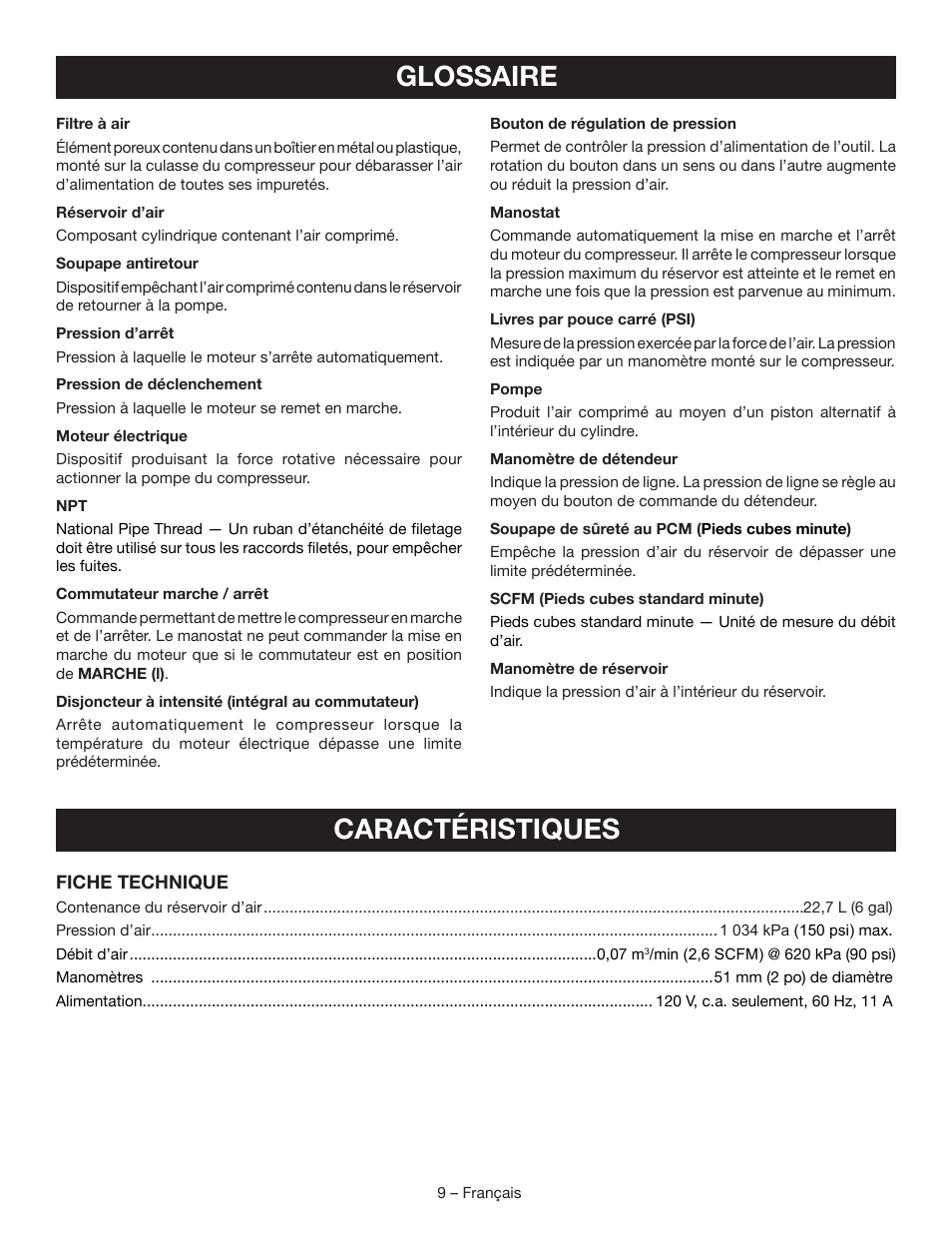 Glossaire caractéristiques | Ryobi YG601PV1 User Manual | Page 22 / 44