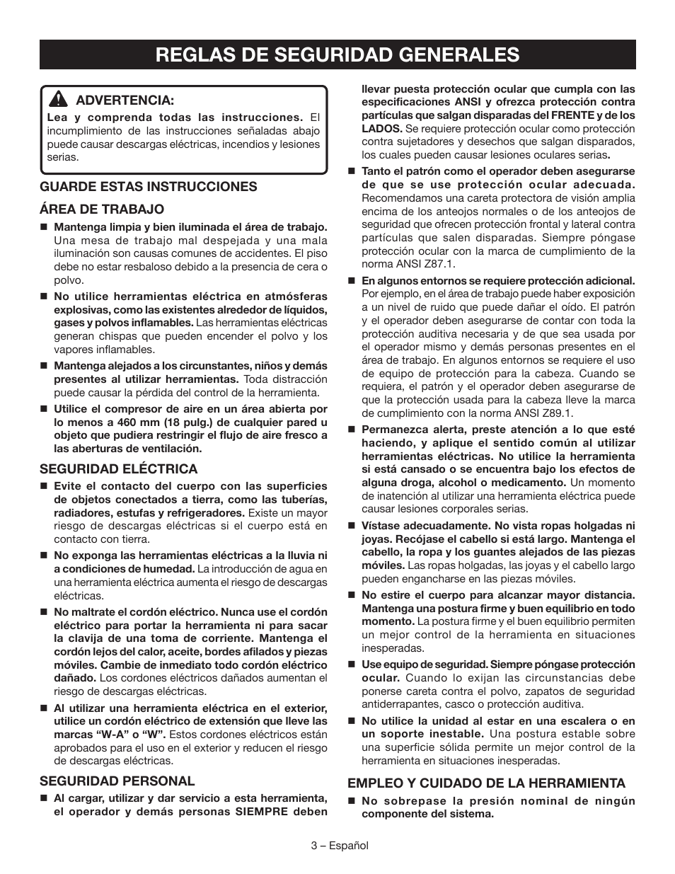 Reglas de seguridad generales | Ryobi YG601PV1 User Manual | Page 29 / 44