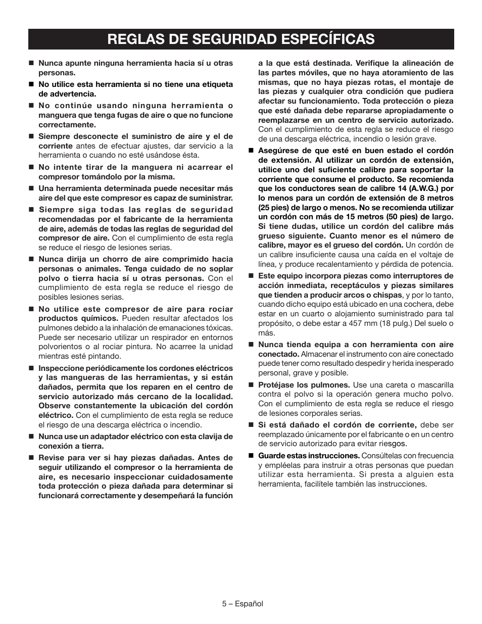 Reglas de seguridad específicas | Ryobi YG601PV1 User Manual | Page 31 / 44