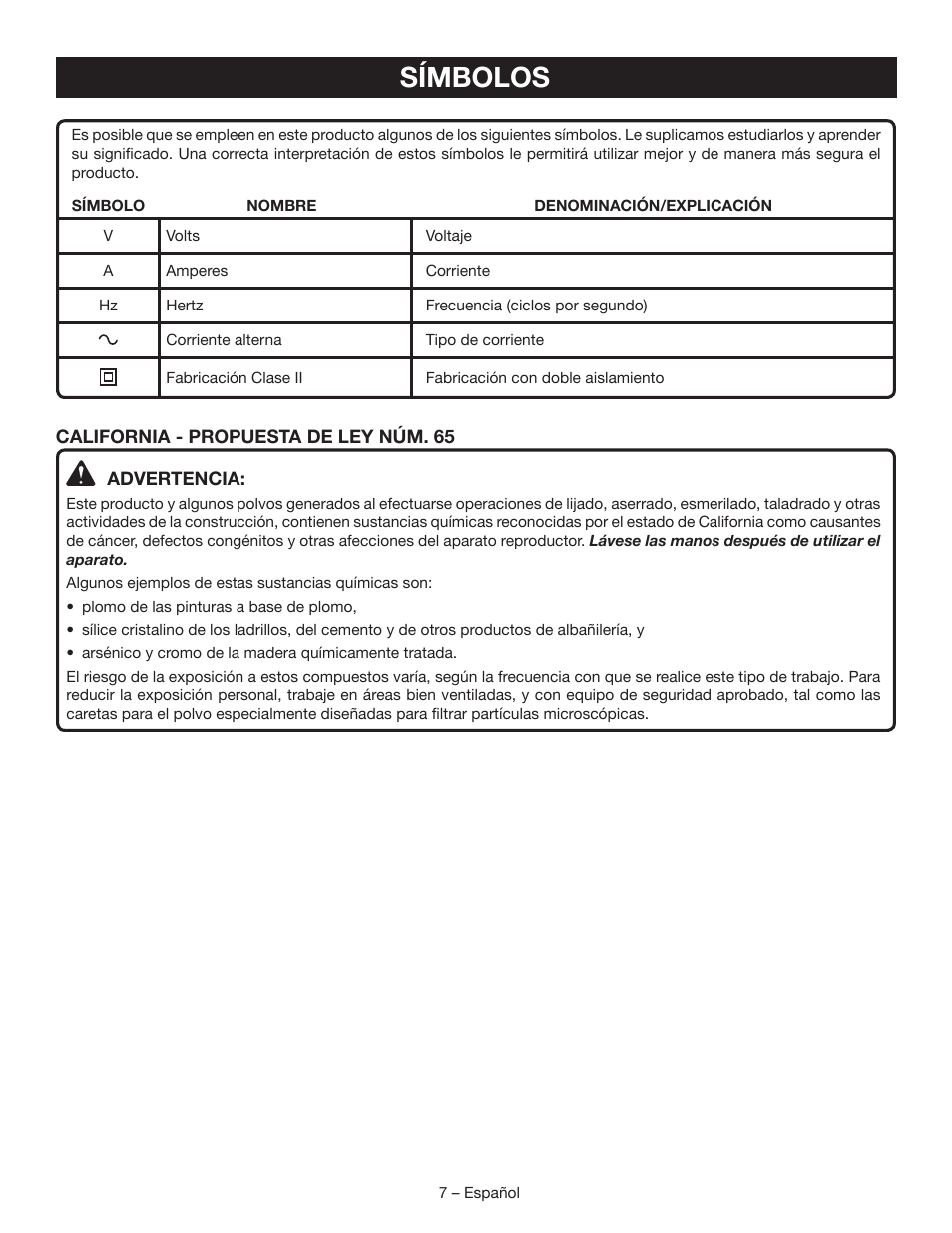 Símbolos | Ryobi YG601PV1 User Manual | Page 33 / 44