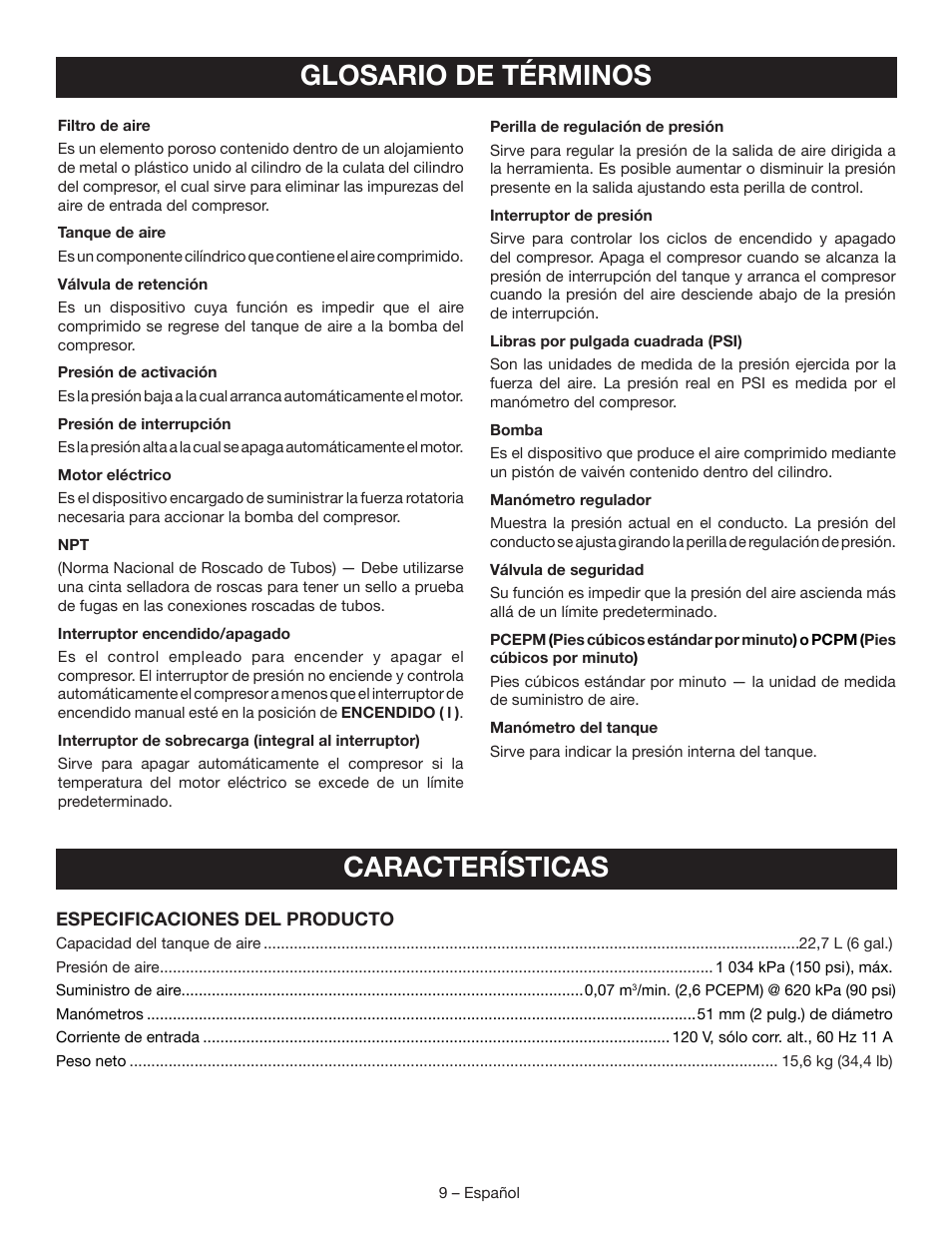 Glosario de términos, Características | Ryobi YG601PV1 User Manual | Page 35 / 44