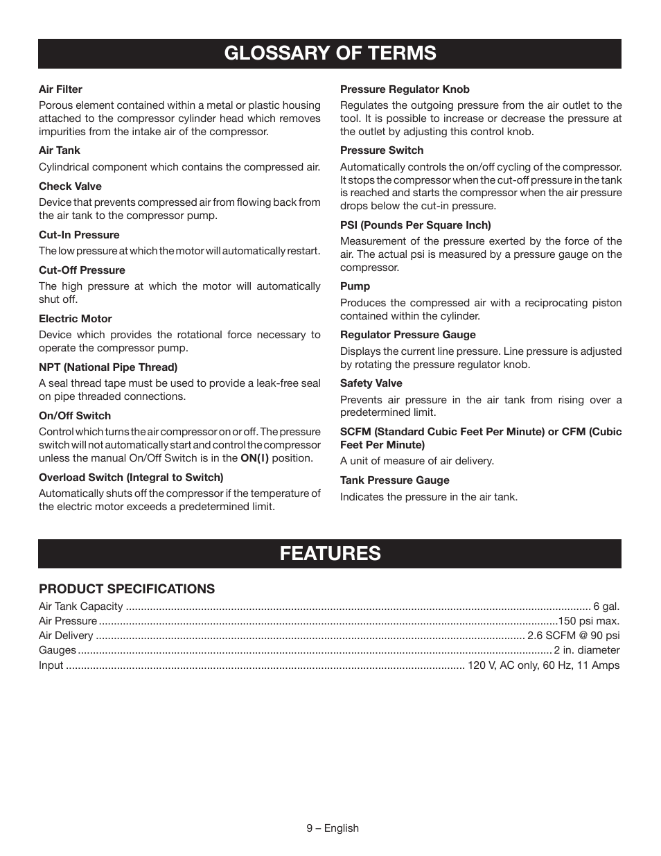 Glossary of terms features | Ryobi YG601PV1 User Manual | Page 9 / 44