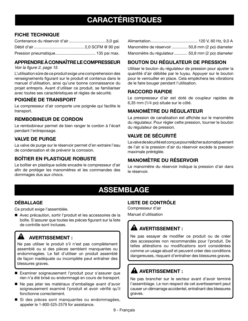Caractéristiques, Assemblage | Ryobi YG301PD User Manual | Page 22 / 44