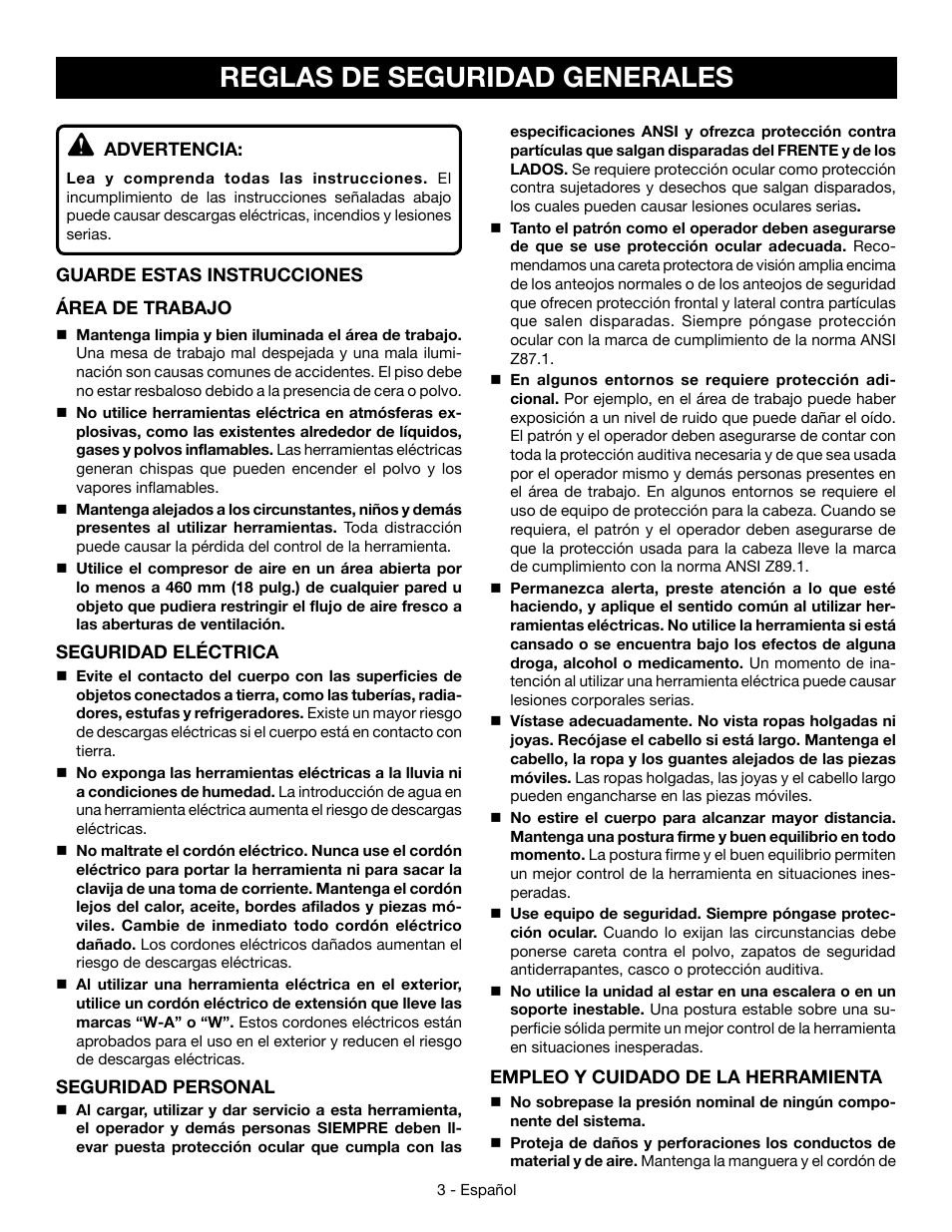 Reglas de seguridad generales | Ryobi YG301PD User Manual | Page 29 / 44