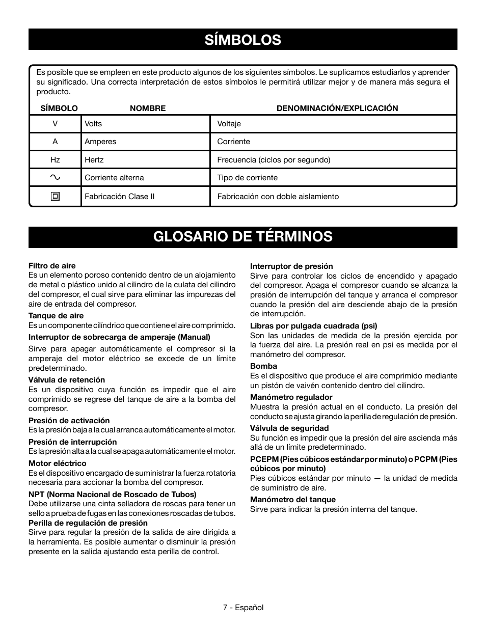 Símbolos, Glosario de términos | Ryobi YG301PD User Manual | Page 33 / 44
