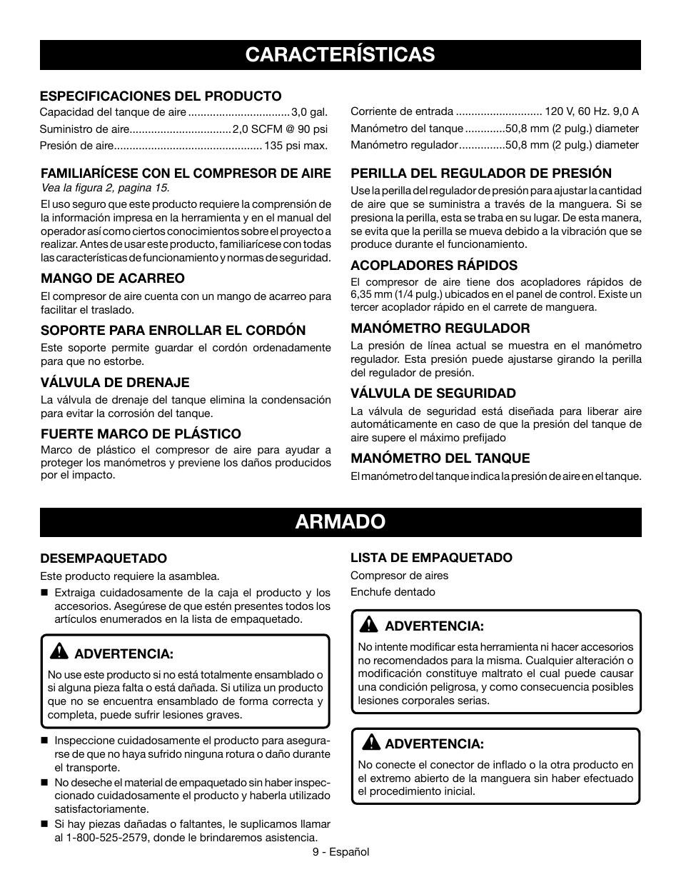 Características, Armado | Ryobi YG301PD User Manual | Page 35 / 44