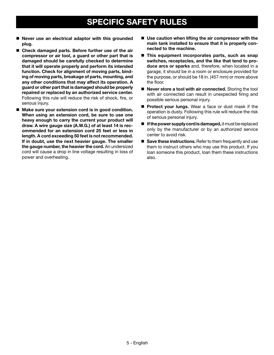 Specific safety rules | Ryobi YG301PD User Manual | Page 5 / 44