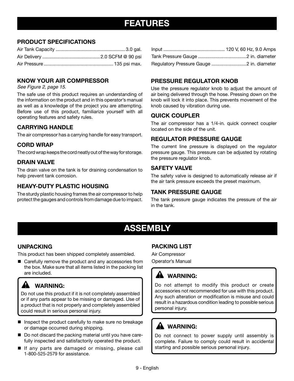 Features, Assembly | Ryobi YG301PD User Manual | Page 9 / 44