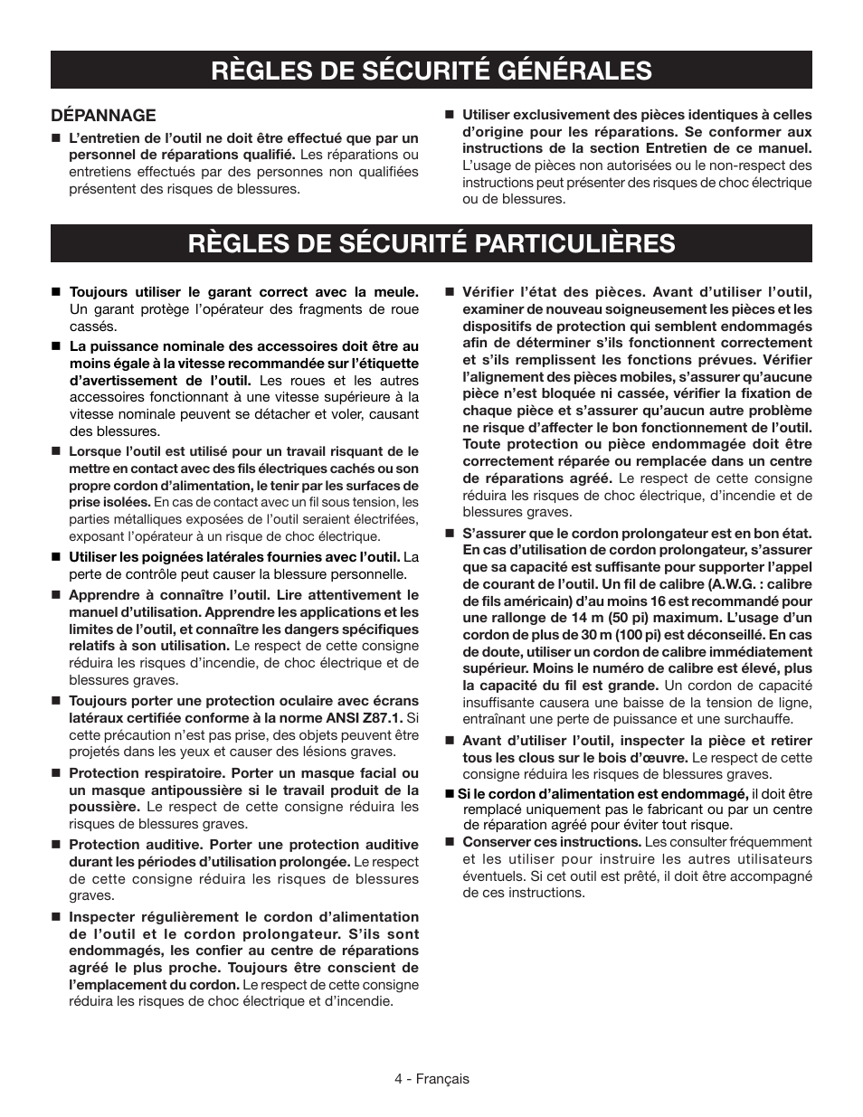 Règles de sécurité particulières, Règles de sécurité générales | Ryobi AG402 User Manual | Page 13 / 32