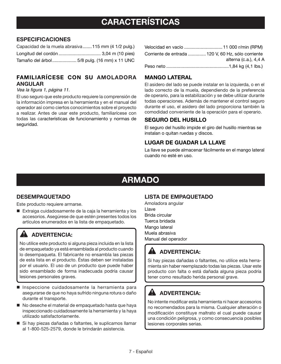 Características, Armado | Ryobi AG402 User Manual | Page 25 / 32