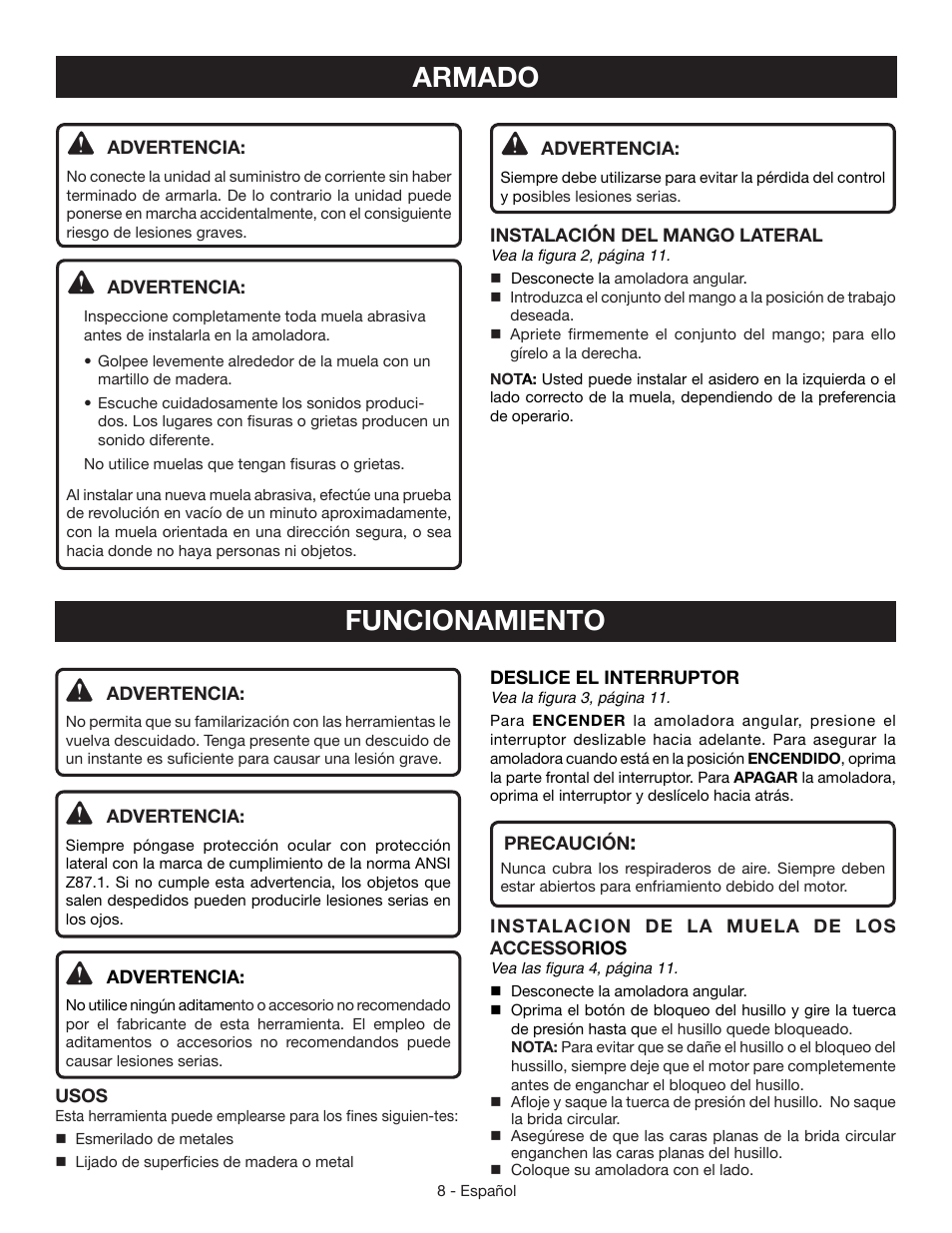 Armado, Funcionamiento | Ryobi AG402 User Manual | Page 26 / 32