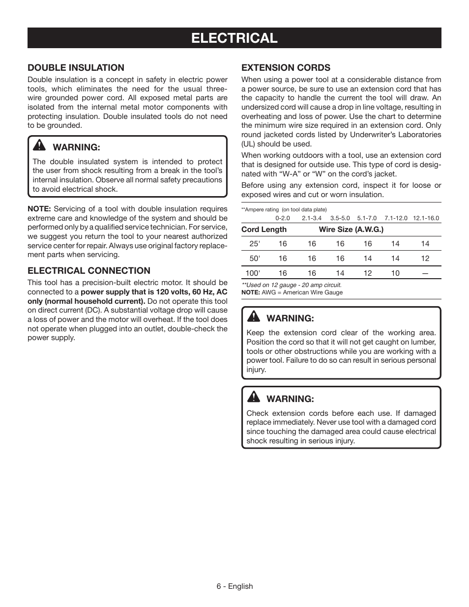 Electrical | Ryobi AG402 User Manual | Page 6 / 32