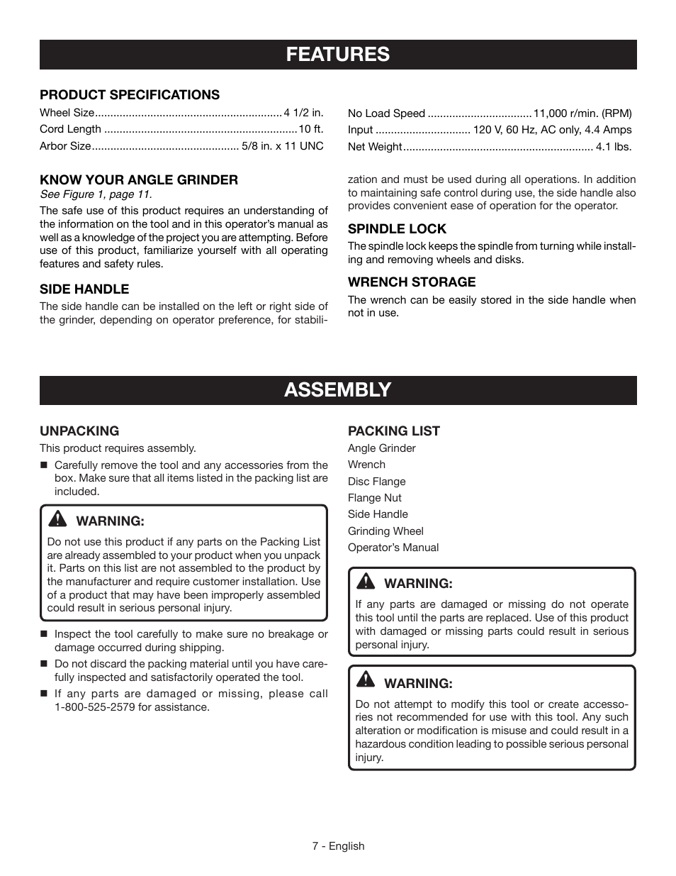 Features, Assembly | Ryobi AG402 User Manual | Page 7 / 32