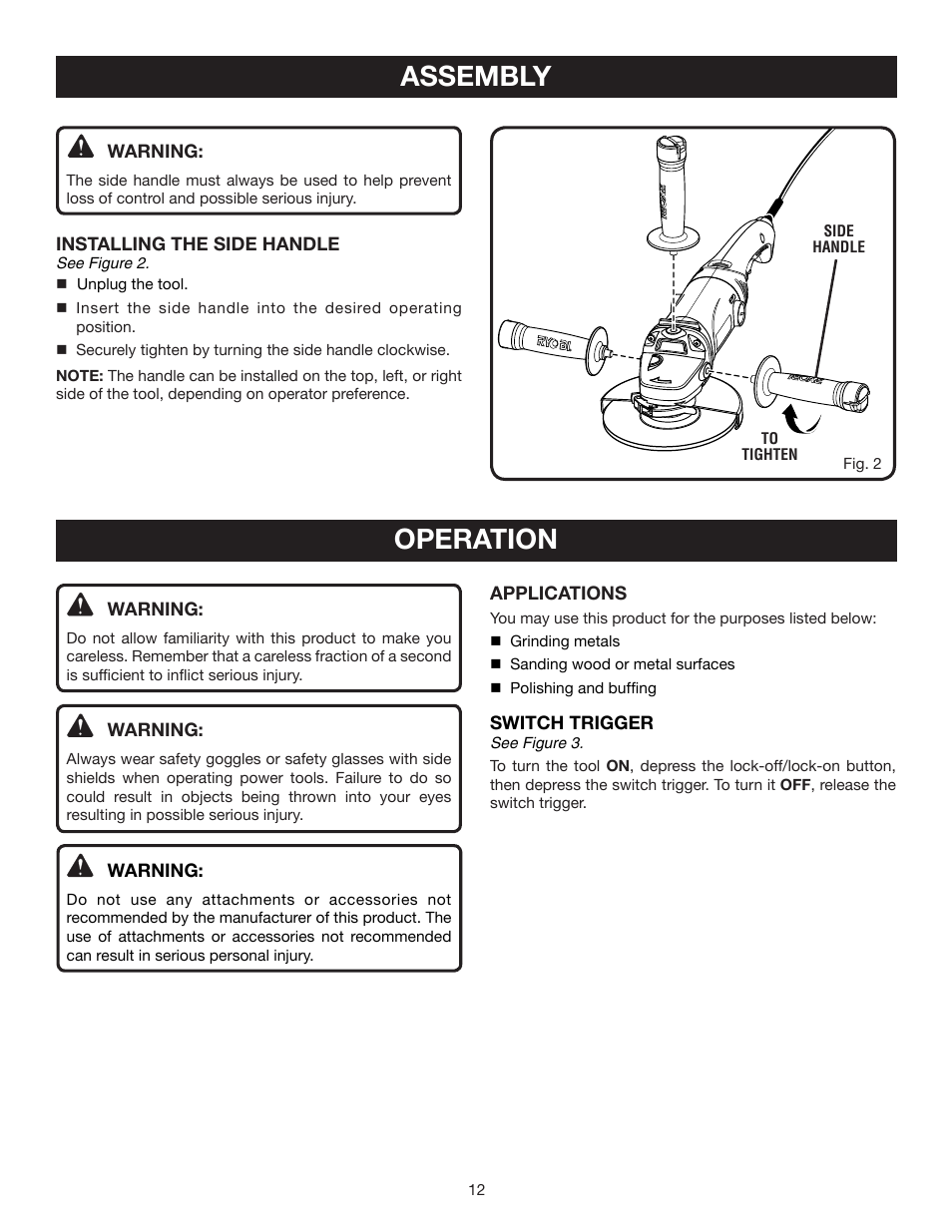 Assembly, Operation | Ryobi AG700 User Manual | Page 12 / 22