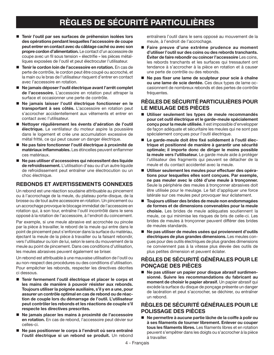 Règles de sécurité particulières, Rebonds et avertissements connexes | Ryobi AG403 User Manual | Page 14 / 36