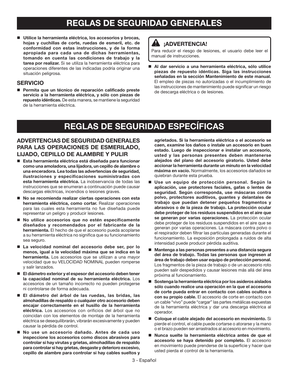 Reglas de seguridad específicas, Reglas de seguridad generales, Servicio | Advertencia | Ryobi AG403 User Manual | Page 23 / 36