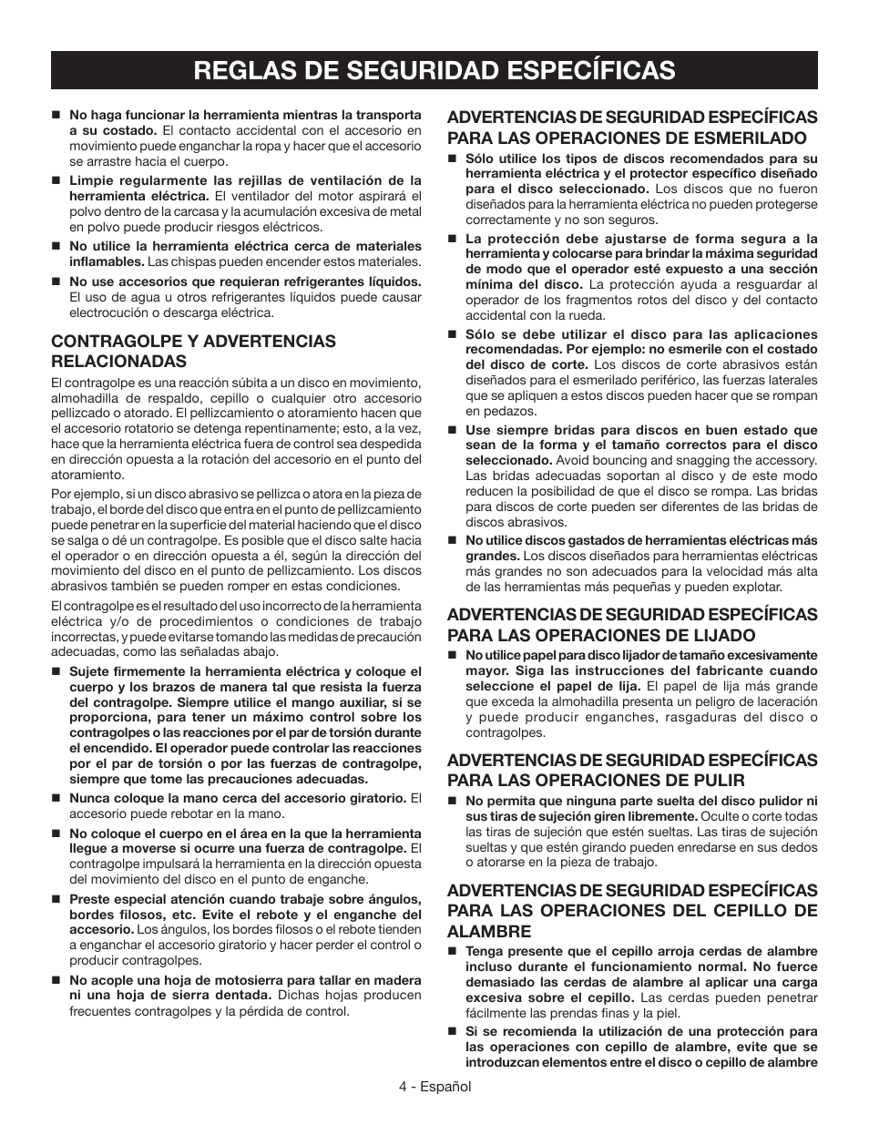 Advertencias de seguridad amaladora angular, Reglas de seguridad específicas, Contragolpe y advertencias relacionadas | Ryobi AG403 User Manual | Page 24 / 36