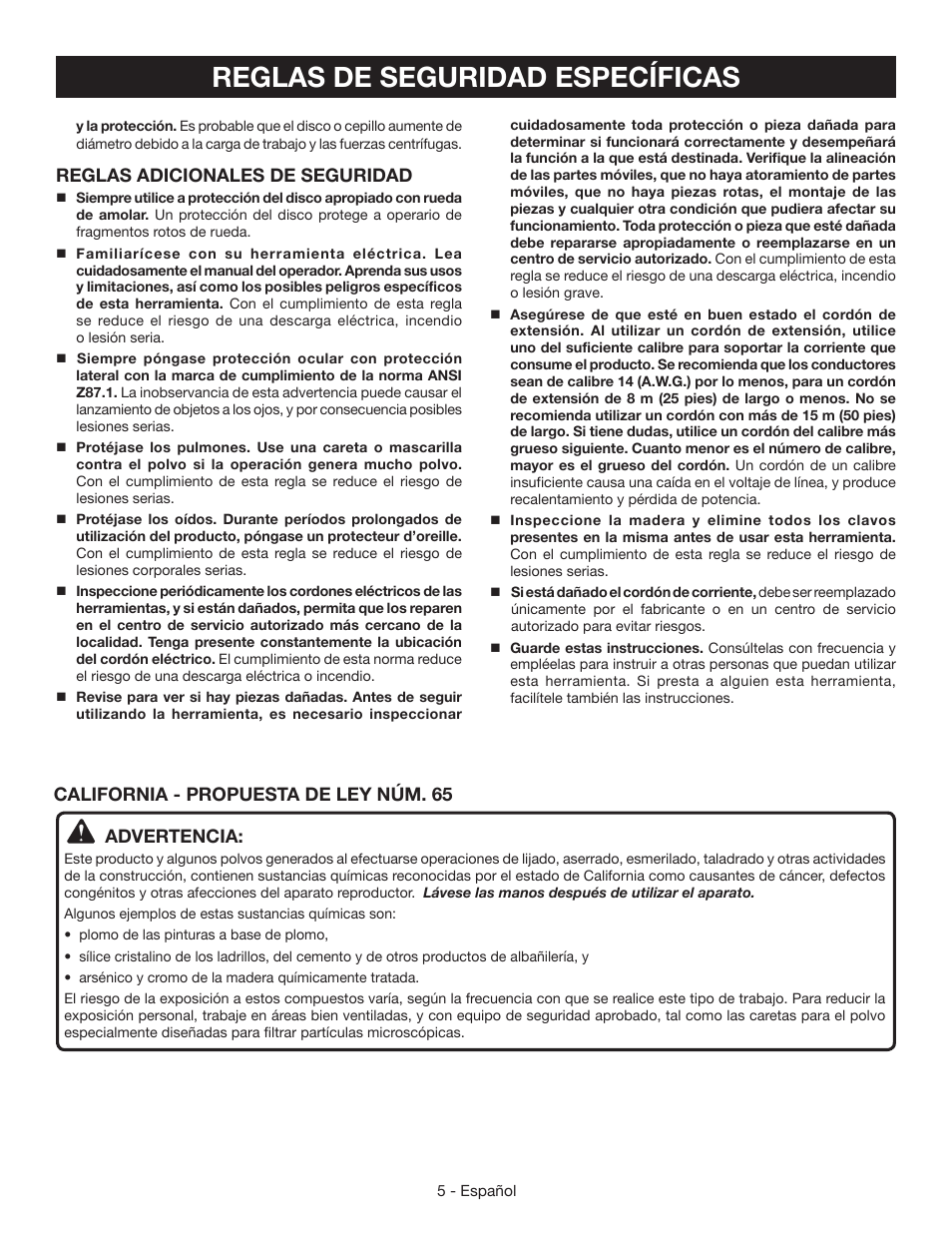 Reglas de seguridad específicas, Reglas adicionales de seguridad, California - propuesta de ley núm. 65 advertencia | Ryobi AG403 User Manual | Page 25 / 36