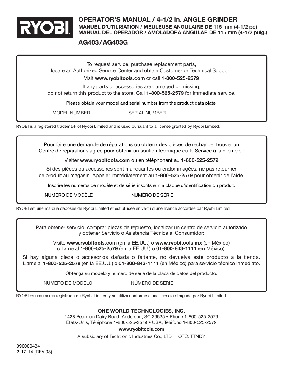 Operator’s manual / 4-1/2 in. angle grinder | Ryobi AG403 User Manual | Page 36 / 36