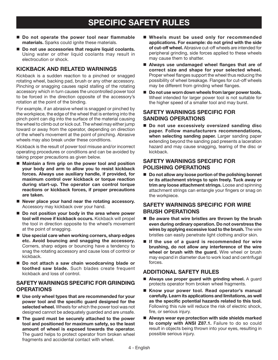 Specific safety rules | Ryobi AG403 User Manual | Page 4 / 36
