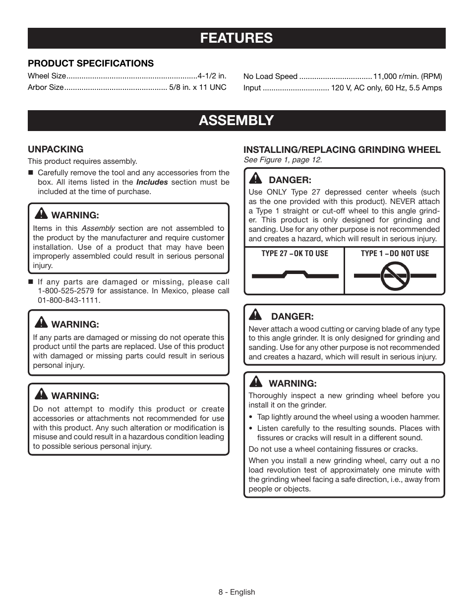 Features, Assembly | Ryobi AG403 User Manual | Page 8 / 36