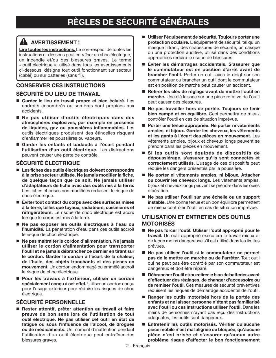 Règles de sécurité générales | Ryobi AG453K User Manual | Page 12 / 36