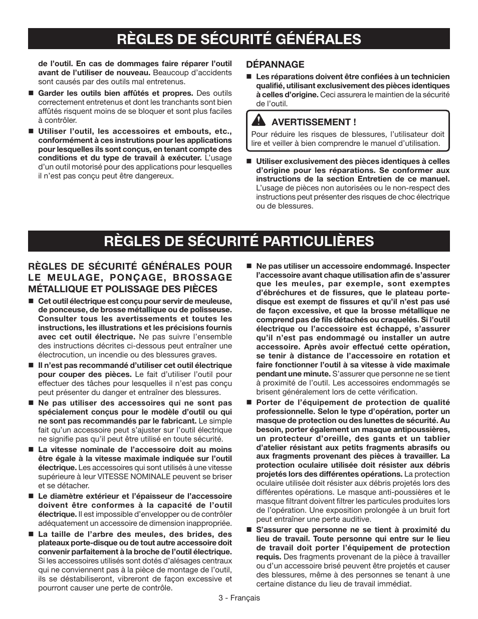 Règles de sécurité générales, Règles de sécurité particulières | Ryobi AG453K User Manual | Page 13 / 36