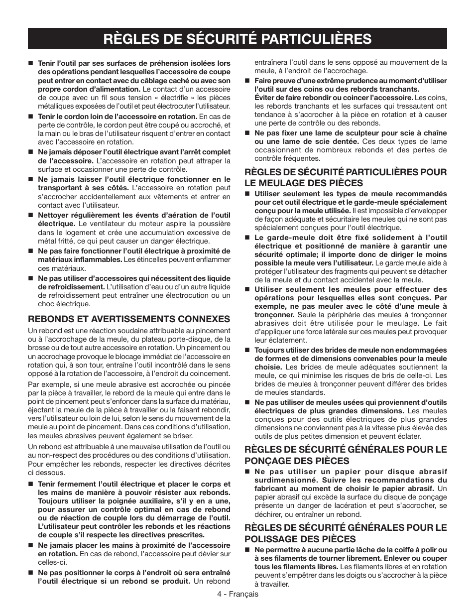 Règles de sécurité particulières, Rebonds et avertissements connexes | Ryobi AG453K User Manual | Page 14 / 36