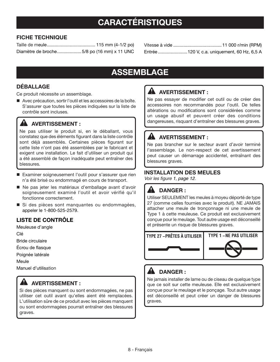 Caractéristiques, Assemblage | Ryobi AG453K User Manual | Page 18 / 36