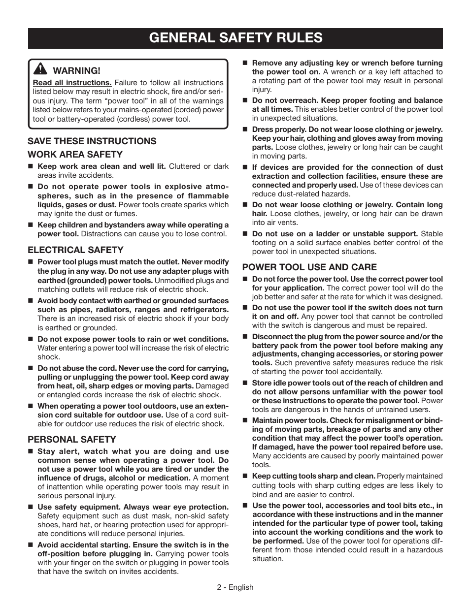 General safety rules | Ryobi AG453K User Manual | Page 2 / 36