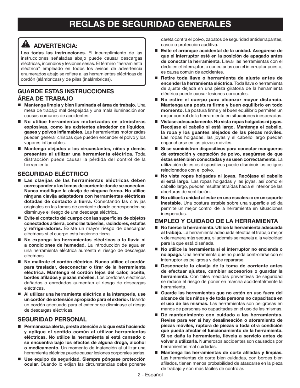 Reglas de seguridad generales, Advertencia, Guarde estas instrucciones área de trabajo | Seguridad eléctrico, Seguridad personal, Empleo y cuidado de la herramienta | Ryobi AG453K User Manual | Page 22 / 36