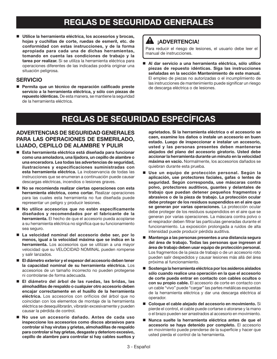 Reglas de seguridad específicas, Reglas de seguridad generales, Servicio | Advertencia | Ryobi AG453K User Manual | Page 23 / 36