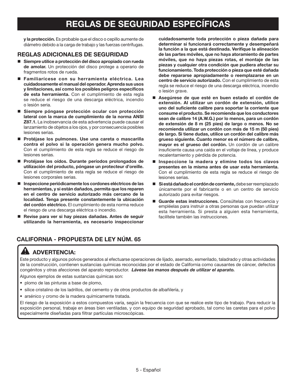 Reglas de seguridad específicas, Reglas adicionales de seguridad, California - propuesta de ley núm. 65 advertencia | Ryobi AG453K User Manual | Page 25 / 36