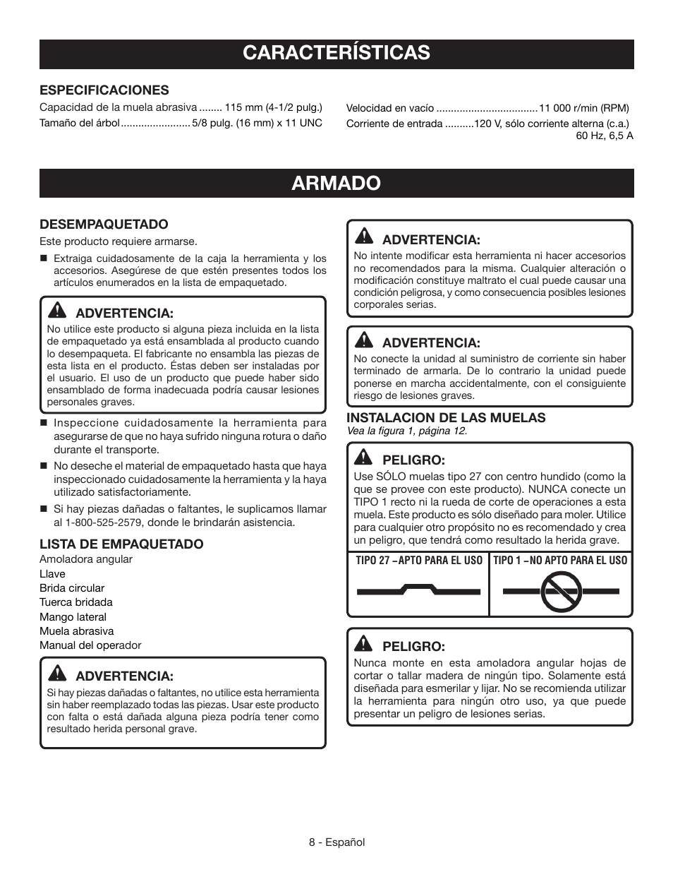 Características, Armado | Ryobi AG453K User Manual | Page 28 / 36