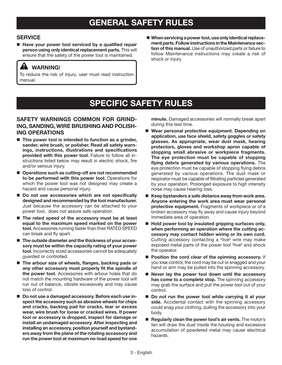 Specific safety rules, General safety rules | Ryobi AG453K User Manual | Page 3 / 36