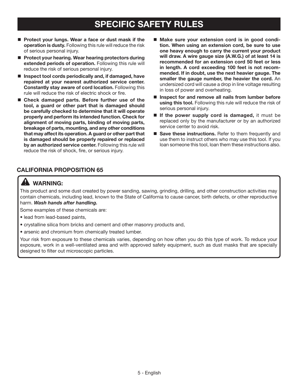 Specific safety rules | Ryobi AG453K User Manual | Page 5 / 36