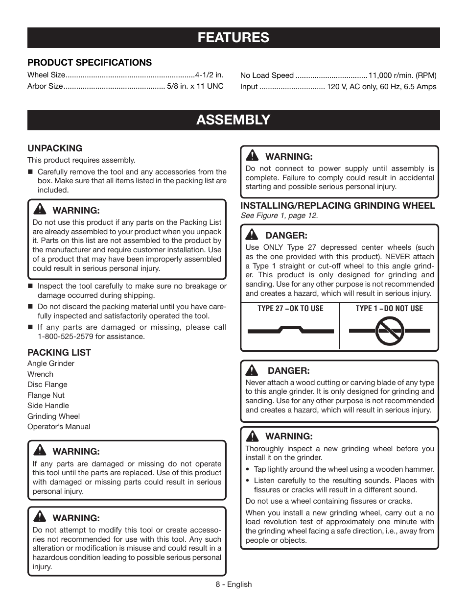 Features, Assembly | Ryobi AG453K User Manual | Page 8 / 36