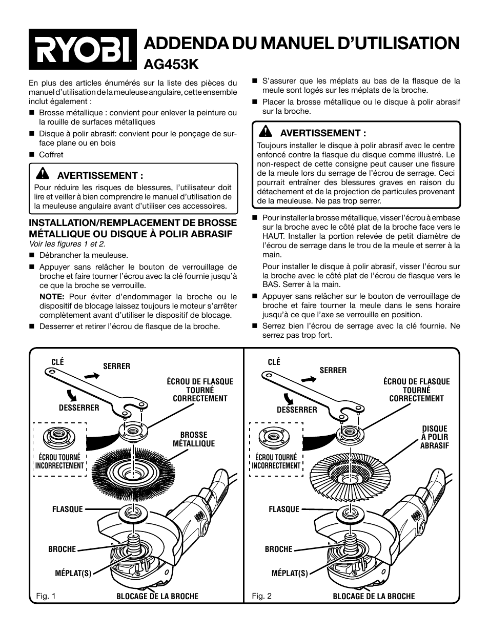 Addenda du manuel d’utilisation, Ag453k | Ryobi AG453K User Manual | Page 2 / 4