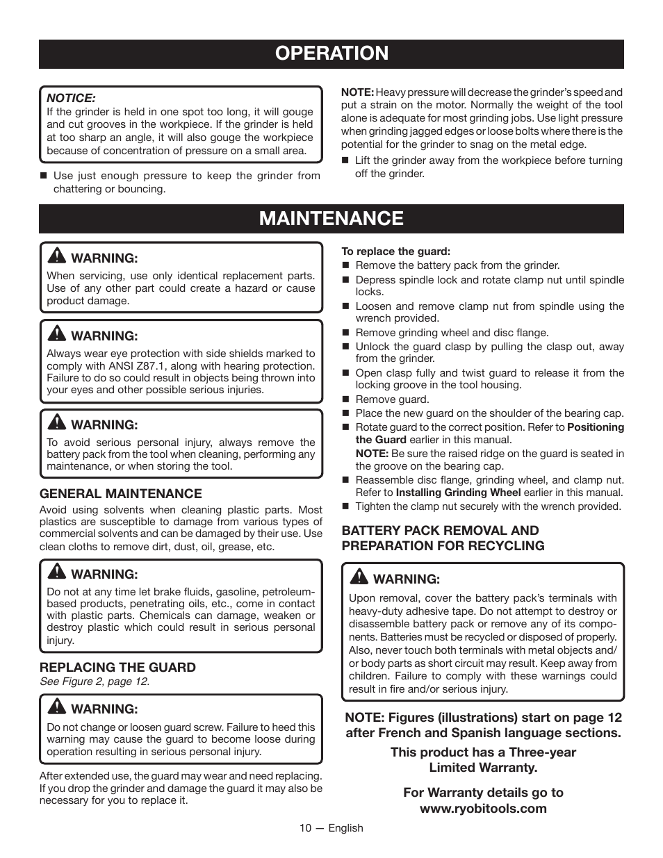 Maintenance, Operation | Ryobi P421 User Manual | Page 10 / 32