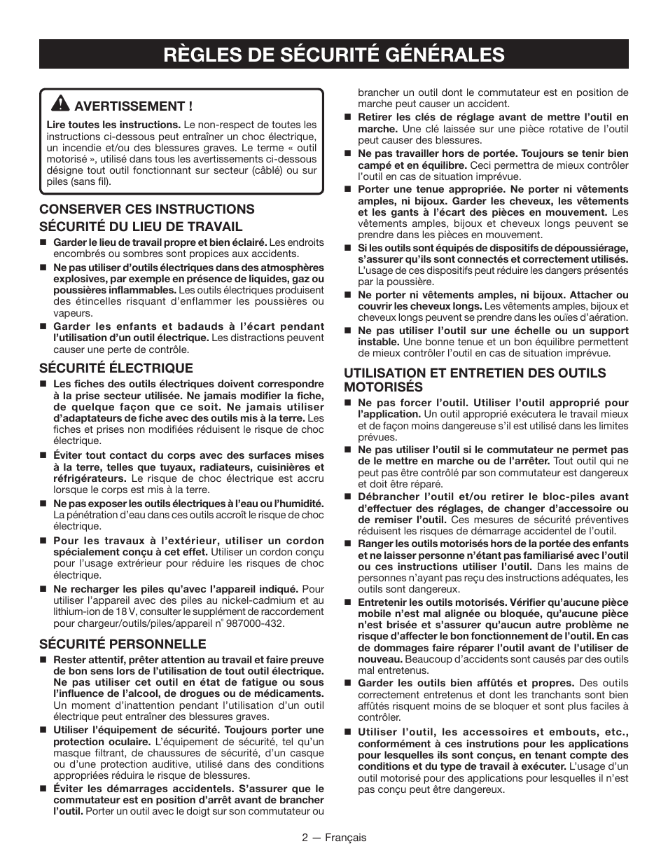 Règles de sécurité générales, Avertissement, Sécurité électrique | Sécurité personnelle, Utilisation et entretien des outils motorisés | Ryobi P421 User Manual | Page 11 / 32