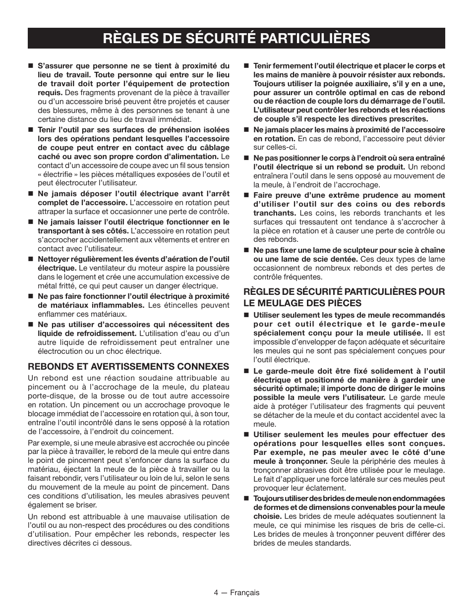 Règles de sécurité particulières | Ryobi P421 User Manual | Page 13 / 32