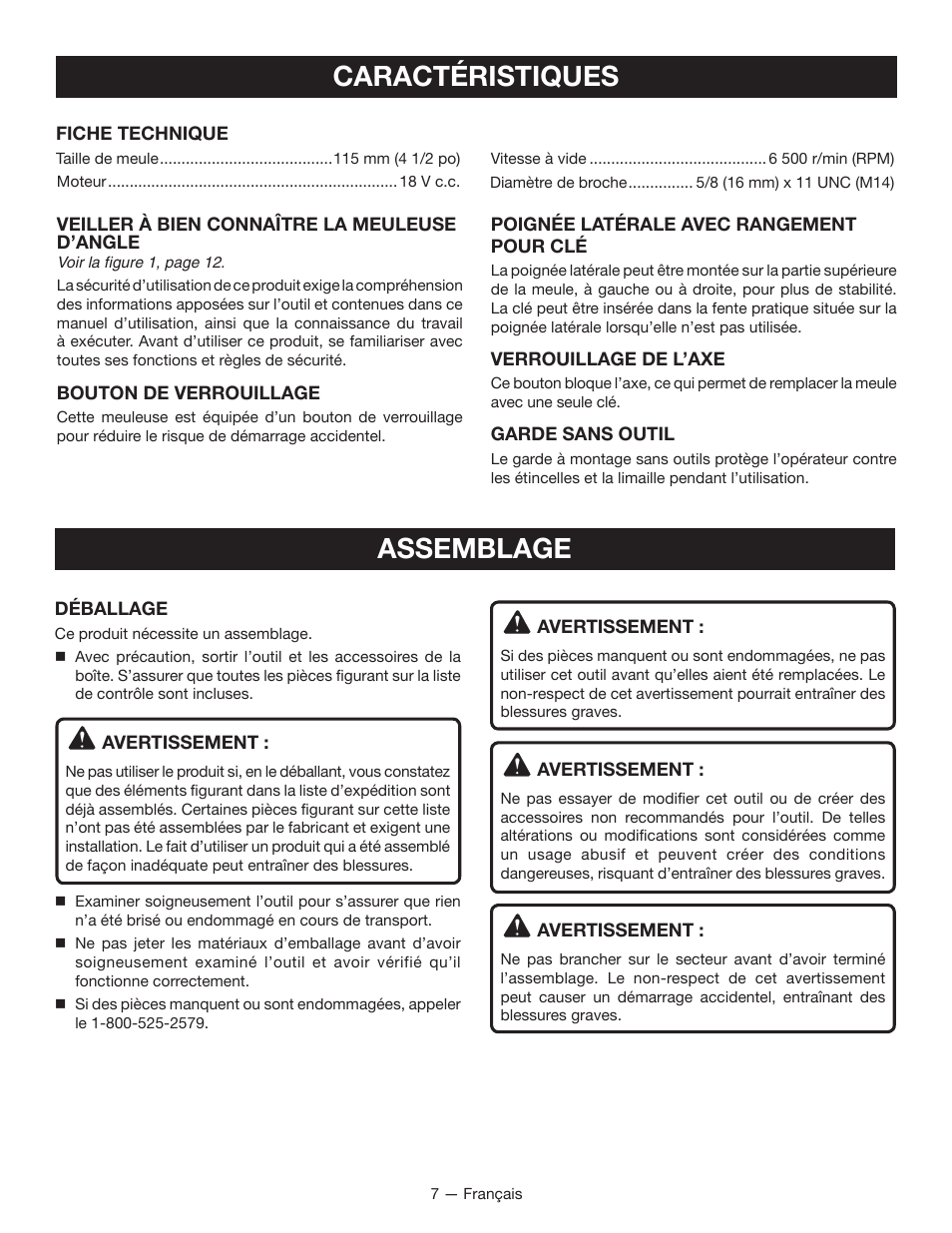 Caractéristiques, Assemblage | Ryobi P421 User Manual | Page 16 / 32