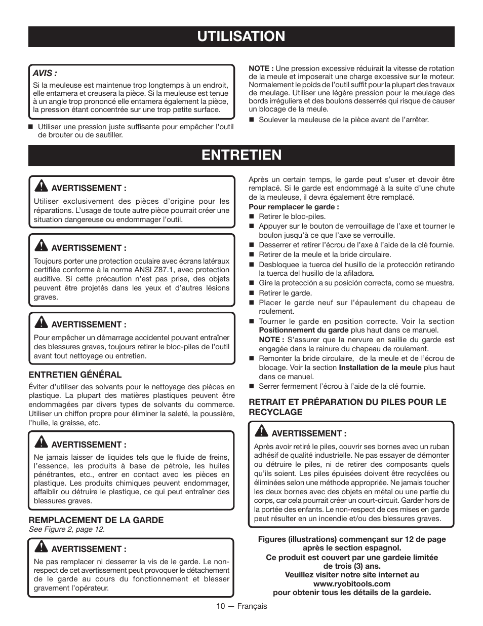 Utilisation, Entretien | Ryobi P421 User Manual | Page 19 / 32