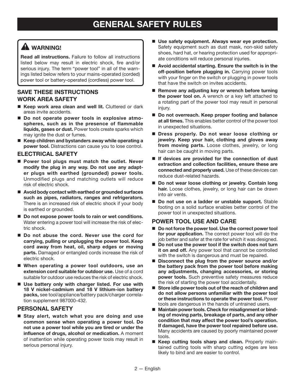 General safety rules | Ryobi P421 User Manual | Page 2 / 32