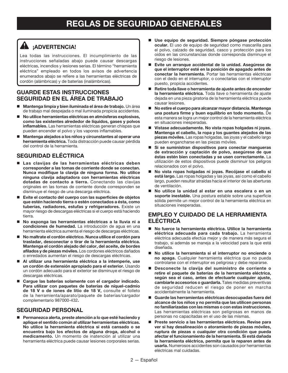 Reglas de seguridad generales, Advertencia, Seguridad eléctrica | Seguridad personal, Empleo y cuidado de la herramienta eléctrica | Ryobi P421 User Manual | Page 20 / 32