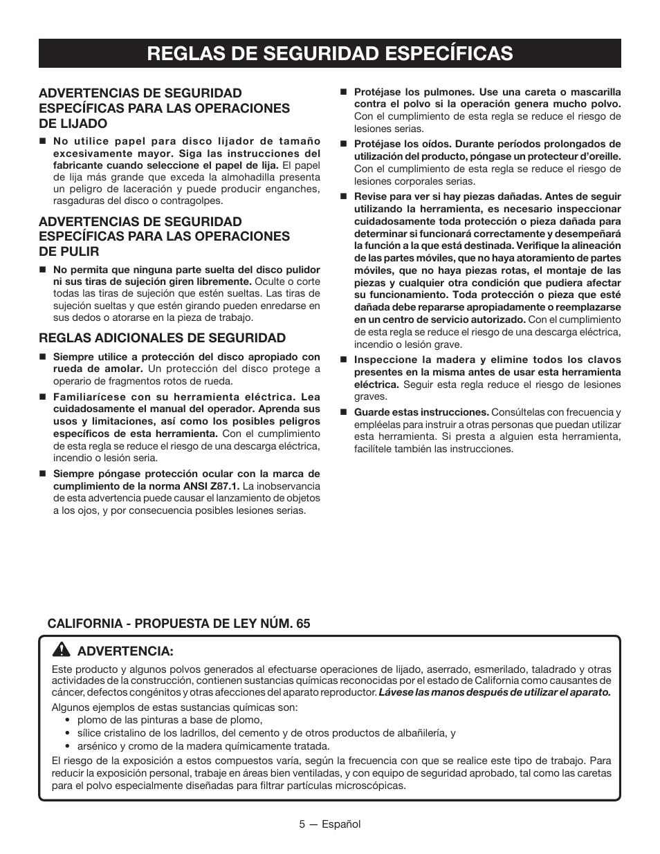 Reglas de seguridad específicas | Ryobi P421 User Manual | Page 23 / 32