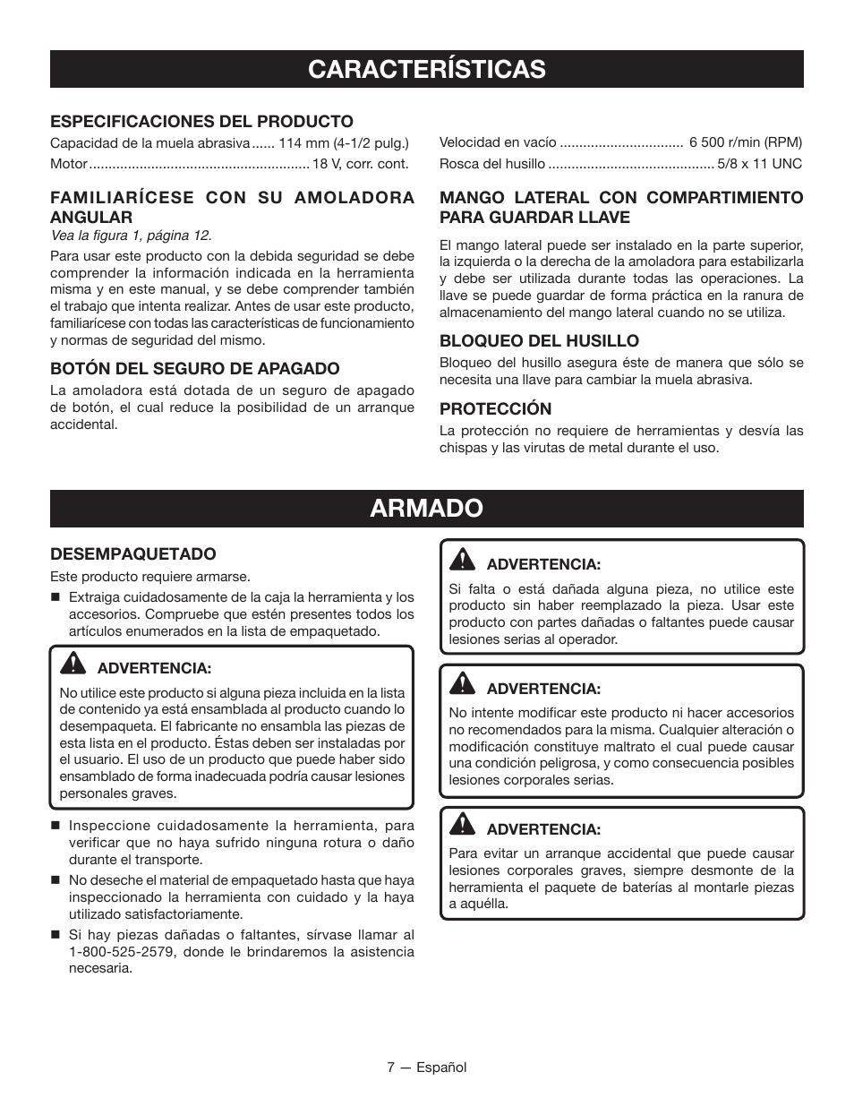 Características, Armado | Ryobi P421 User Manual | Page 25 / 32