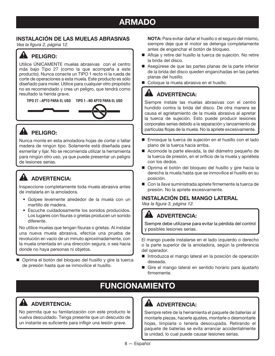 Armado, Funcionamiento | Ryobi P421 User Manual | Page 26 / 32