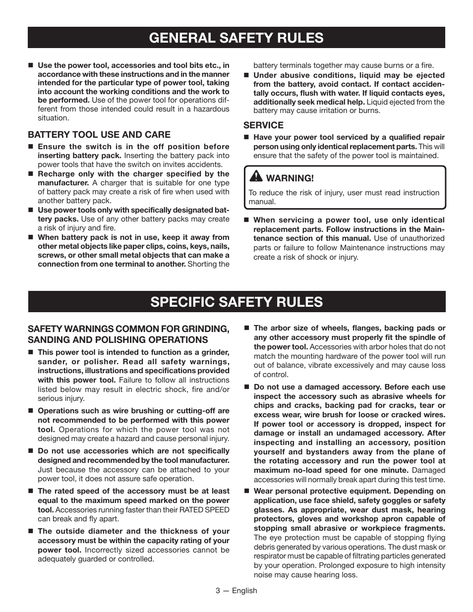 General safety rules specific safety rules | Ryobi P421 User Manual | Page 3 / 32